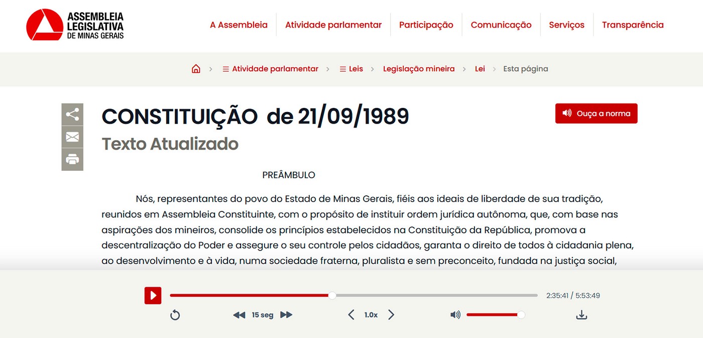 Legislação em Áudio - Constituição Estadual de 21/09/1989