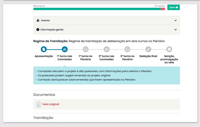 Comunicação interna - Fita de tramitação de projetos no Portal